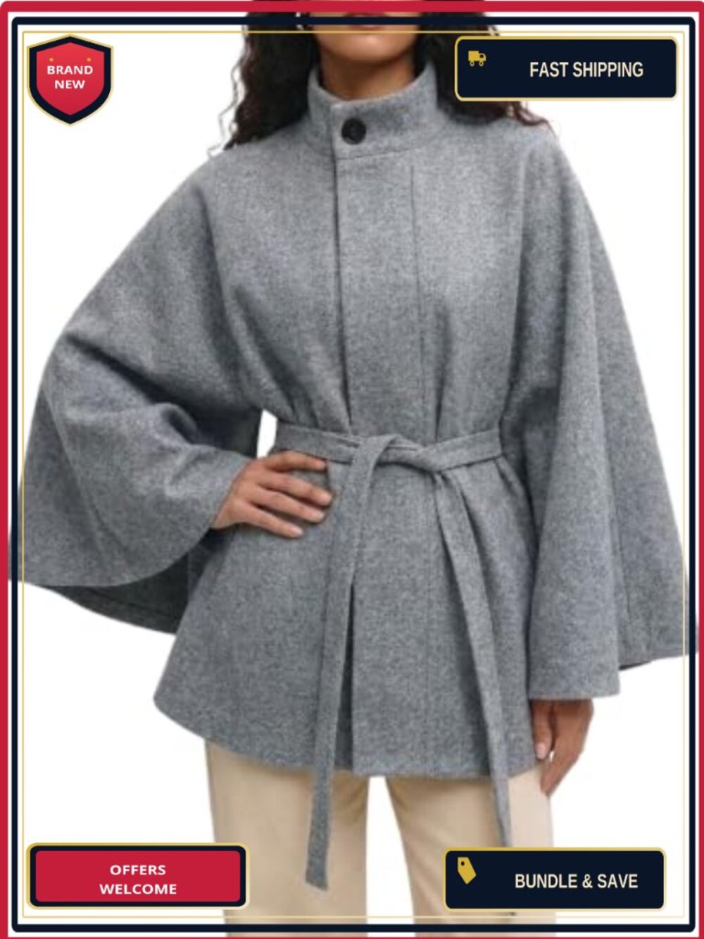 Womens Wool Blend Cape Coat Batwing Sleeve Belted Peacoat Fall Winter